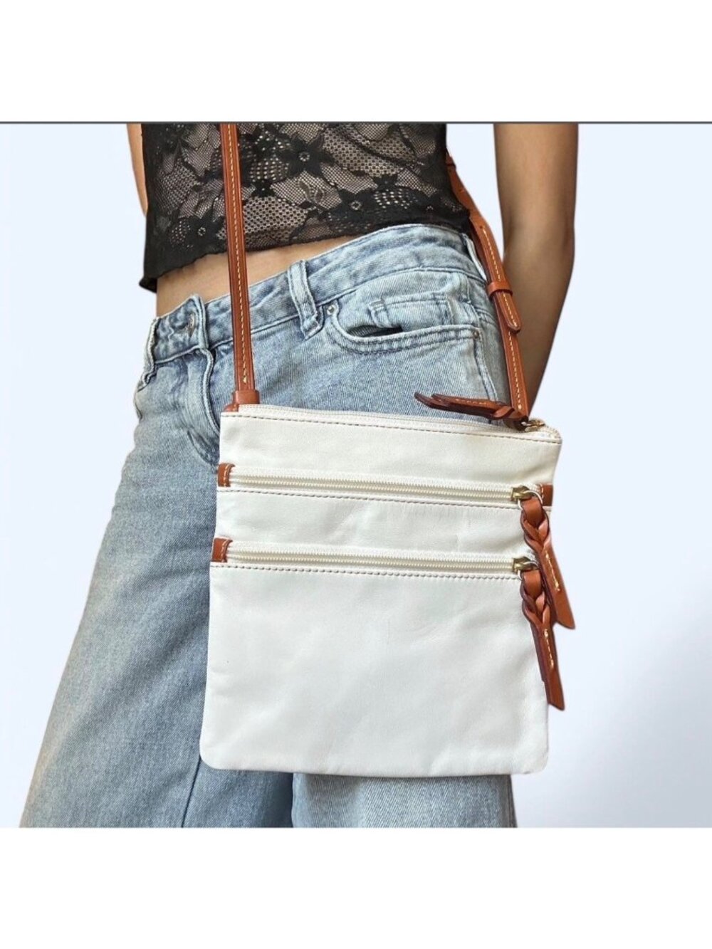 White Crossbody Bag With Braided Leather Straps & Red Interior -Adjustable Strap